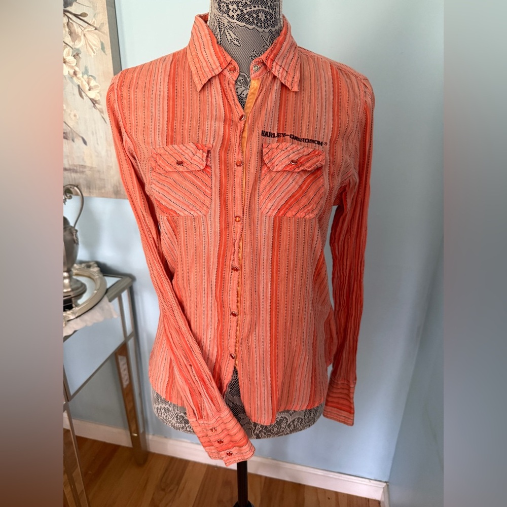 Vintage 2000 Harley Davison Orange Striped Women’s Shirt